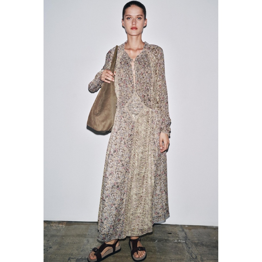 Zara ZW Women Floral Metallic Lurex Sequin Diamond Midi Dress Boho Multi Color M - Picture 2 of 8